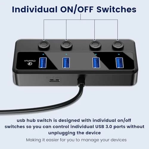Q QEEFUN 4-Port USB 3.0 Hub with Individual LED Power Switches & 2ft Cable | 5Gbps Data Transfer thumbnail 3