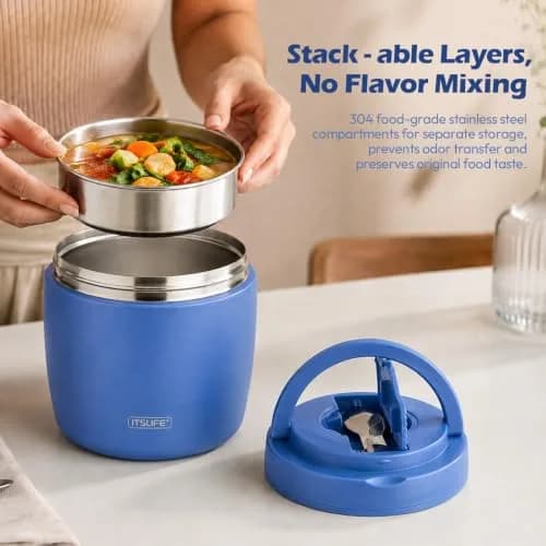 Itslife 32oz Insulated Soup Thermo Vacuum Stainless Steel Food Jar for Hot & Cold Food with Spoon (Blue) thumbnail 6