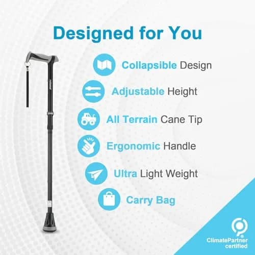 rehand Walking Cane - Foldable, Adjustable, Collapsible | Heavy Duty All Terrain Tip, with Travel Bag (Natural Black, 34"-38") thumbnail 2