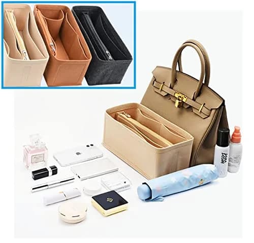 Lckaey Premium Felt Purse Organizer Insert for Birkin 30 Bag, Camel M | 26.9cm (10.6in) Organizer with Zip Pocket thumbnail 5