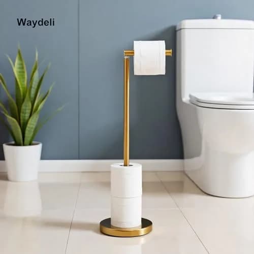 WAYDELI Freestanding Toilet Paper Holder Stand with Reserve for 4 Rolls | Stainless Steel Base, Gold thumbnail 8