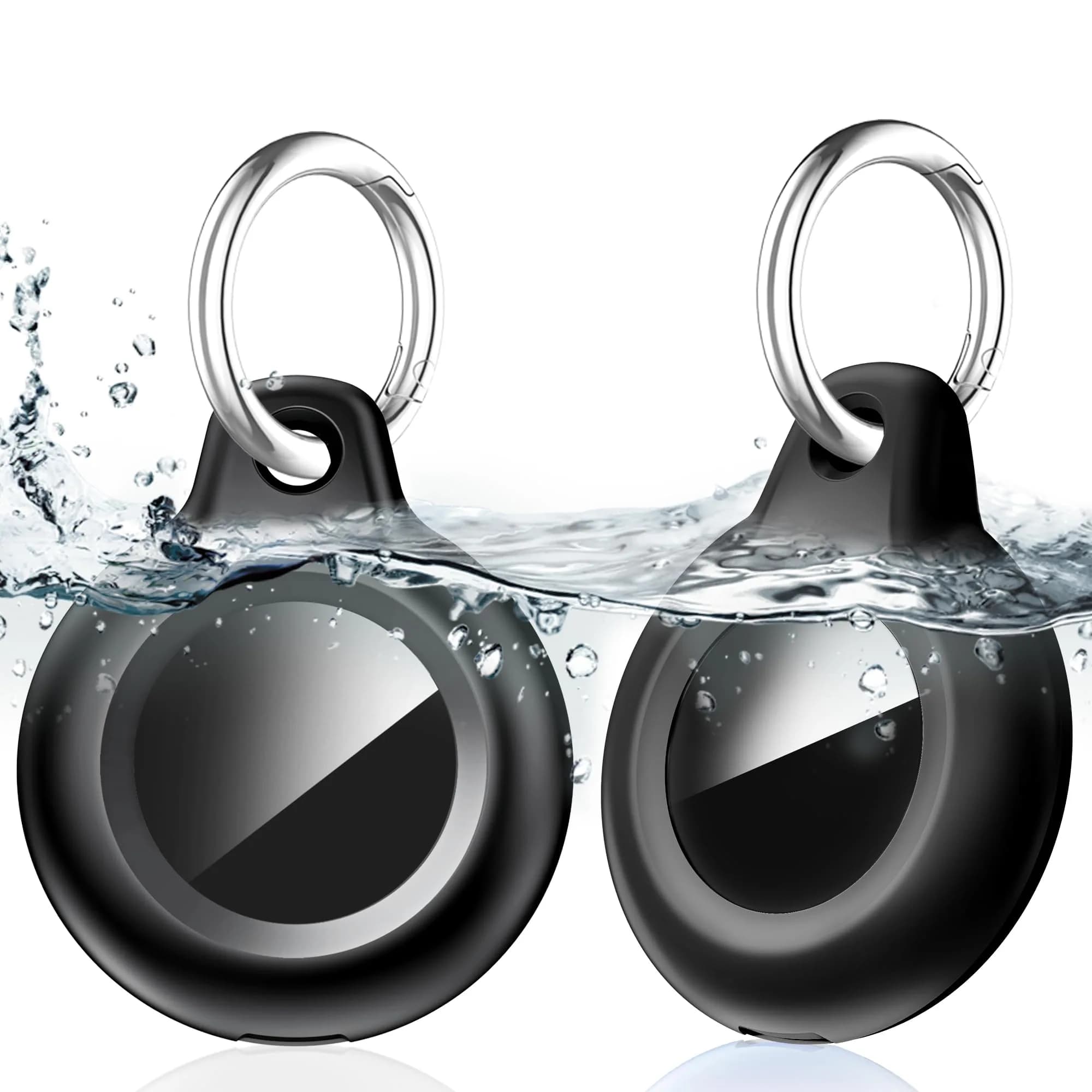 Lanteso Airtag Holder Case with Keychain, 4 Pack Waterproof Shockproof Protective Cover for Apple Air Tags, Airtag Accessories for Pets, Kids, Luggage, Keys — Black/Black