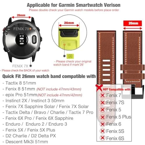 Abanen Quick Fit 26mm Watch Band for Garmin Fenix 7X/6X/5X, Enduro, Tactix Delta, Brown Fiber Leather with Silicone Lining (150mm-200mm Wrist) thumbnail 3