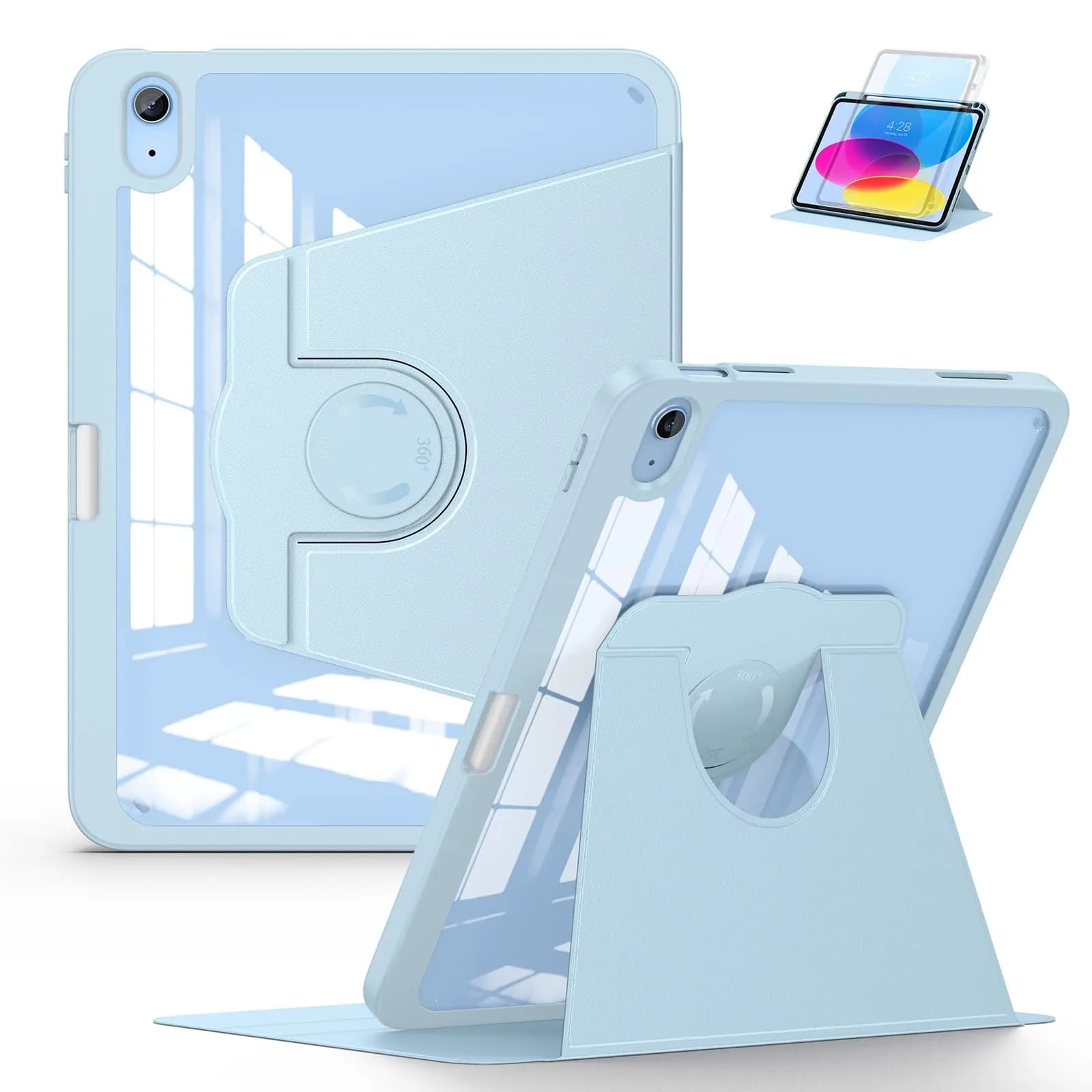 Soke Rotating Case for iPad 11th Gen 2025 & 10th Gen 2022 (A16) 11"/10.9" with Pencil Holder & Stand | Navy Blue — Sky Blue