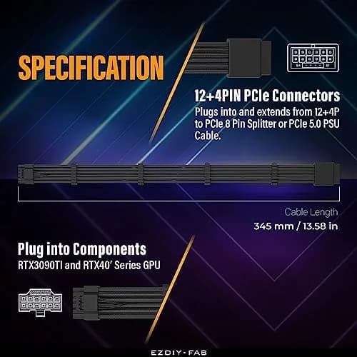EZDIY-FAB 16pin (12+4) 12VHPWR PCIe 5.0 GPU Power Sleeved Cable Extension | Compatible with RTX 4080, 4090, 5070, 5080 thumbnail 3