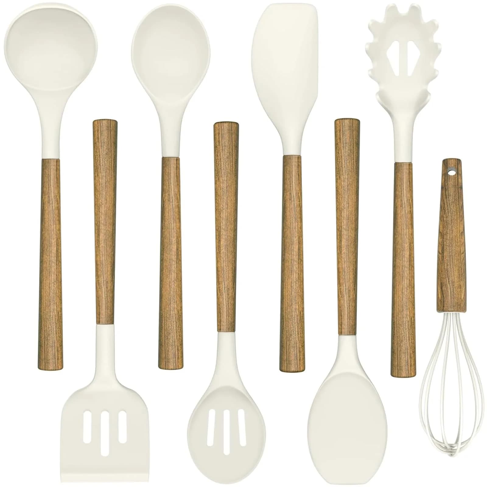 Umite Chef Silicone Kitchen Utensils Set with Acacia Wood Handle, 8-Piece Set, White | Heat Resistant Up to 446°F