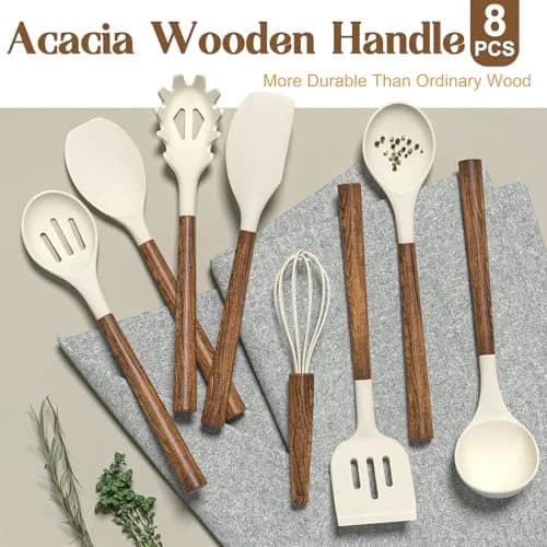 Umite Chef Silicone Kitchen Utensils Set with Acacia Wood Handle, 8-Piece Set, White | Heat Resistant Up to 446°F thumbnail 5