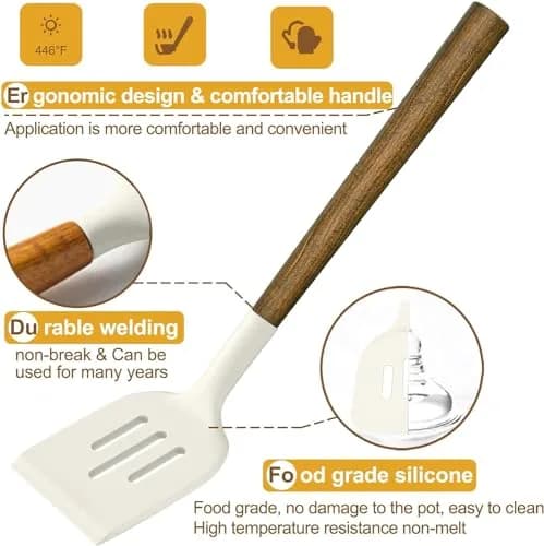 Umite Chef Silicone Kitchen Utensils Set with Acacia Wood Handle, 8-Piece Set, White | Heat Resistant Up to 446°F thumbnail 6