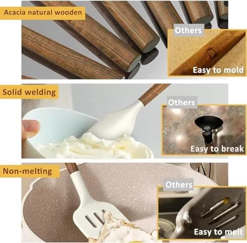 Umite Chef Silicone Kitchen Utensils Set with Acacia Wood Handle, 8-Piece Set, White | Heat Resistant Up to 446°F thumbnail 7