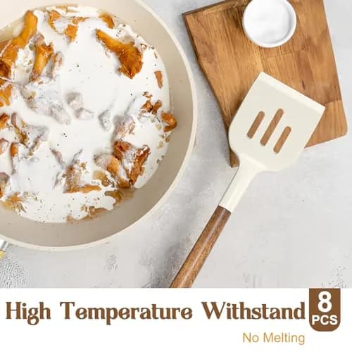 Umite Chef Silicone Kitchen Utensils Set with Acacia Wood Handle, 8-Piece Set, White | Heat Resistant Up to 446°F thumbnail 3