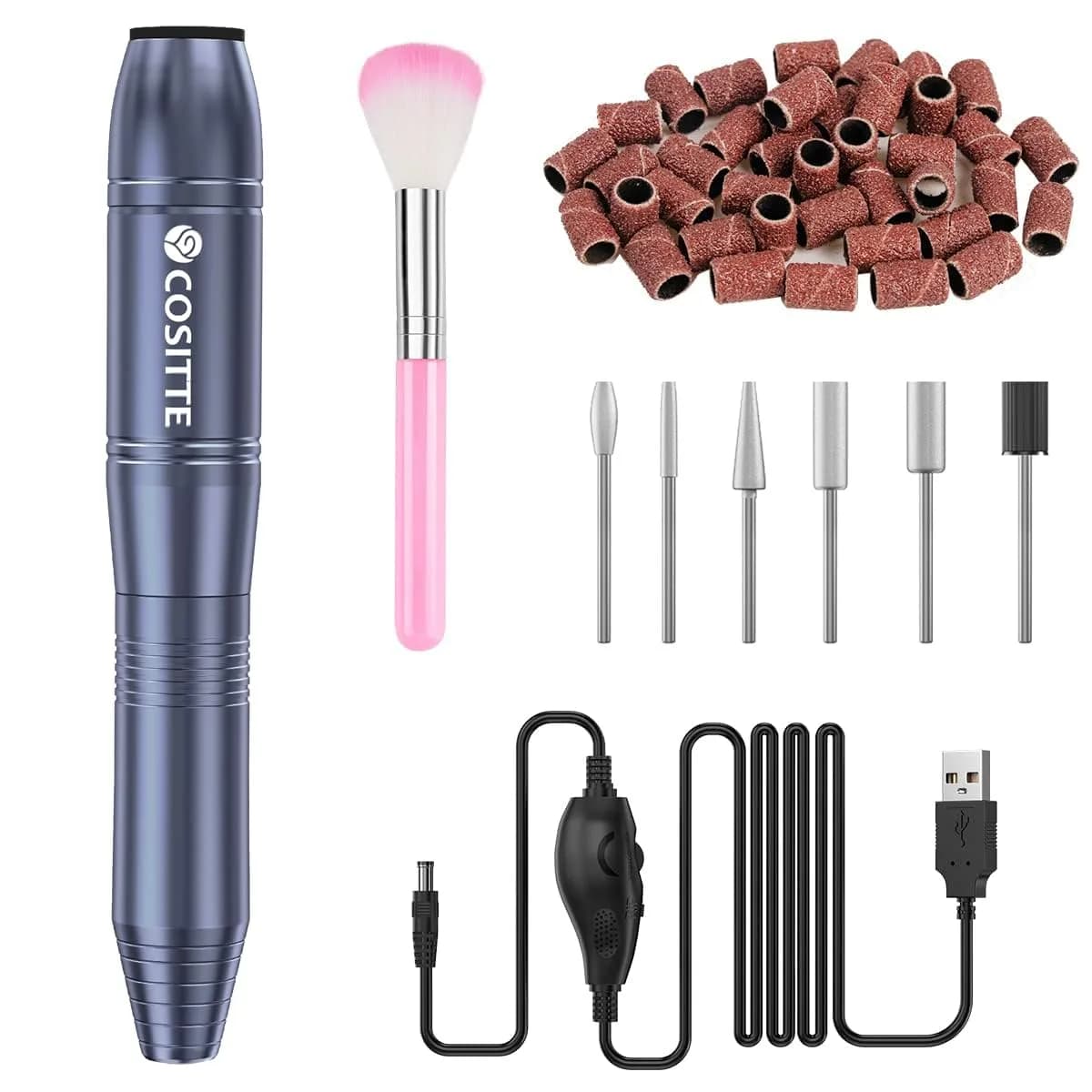 COSITTE USB Nail Drill Machine for Acrylic Nails with 56-Piece Kit | 20,000 RPM Portable Efile for Home & Salon Use