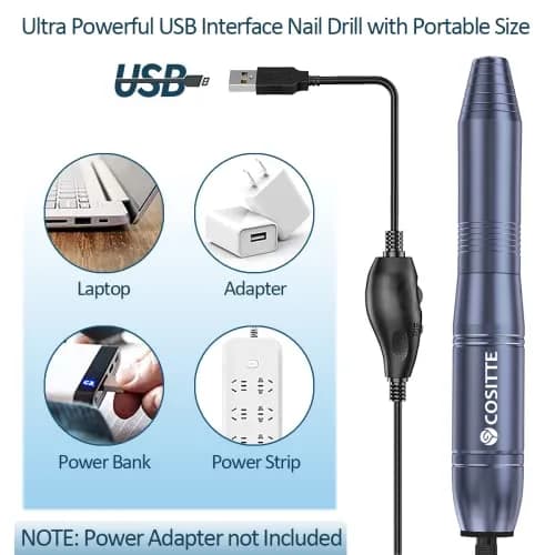COSITTE USB Nail Drill Machine for Acrylic Nails with 56-Piece Kit | 20,000 RPM Portable Efile for Home & Salon Use thumbnail 2