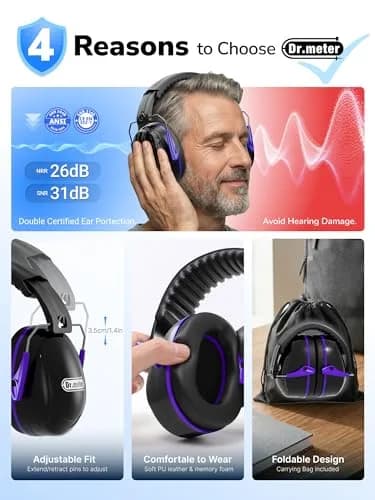 Dr.meter Noise Cancelling Earmuffs for Gun Range, 31dB SNR Hearing Protection, Black Purple thumbnail 7
