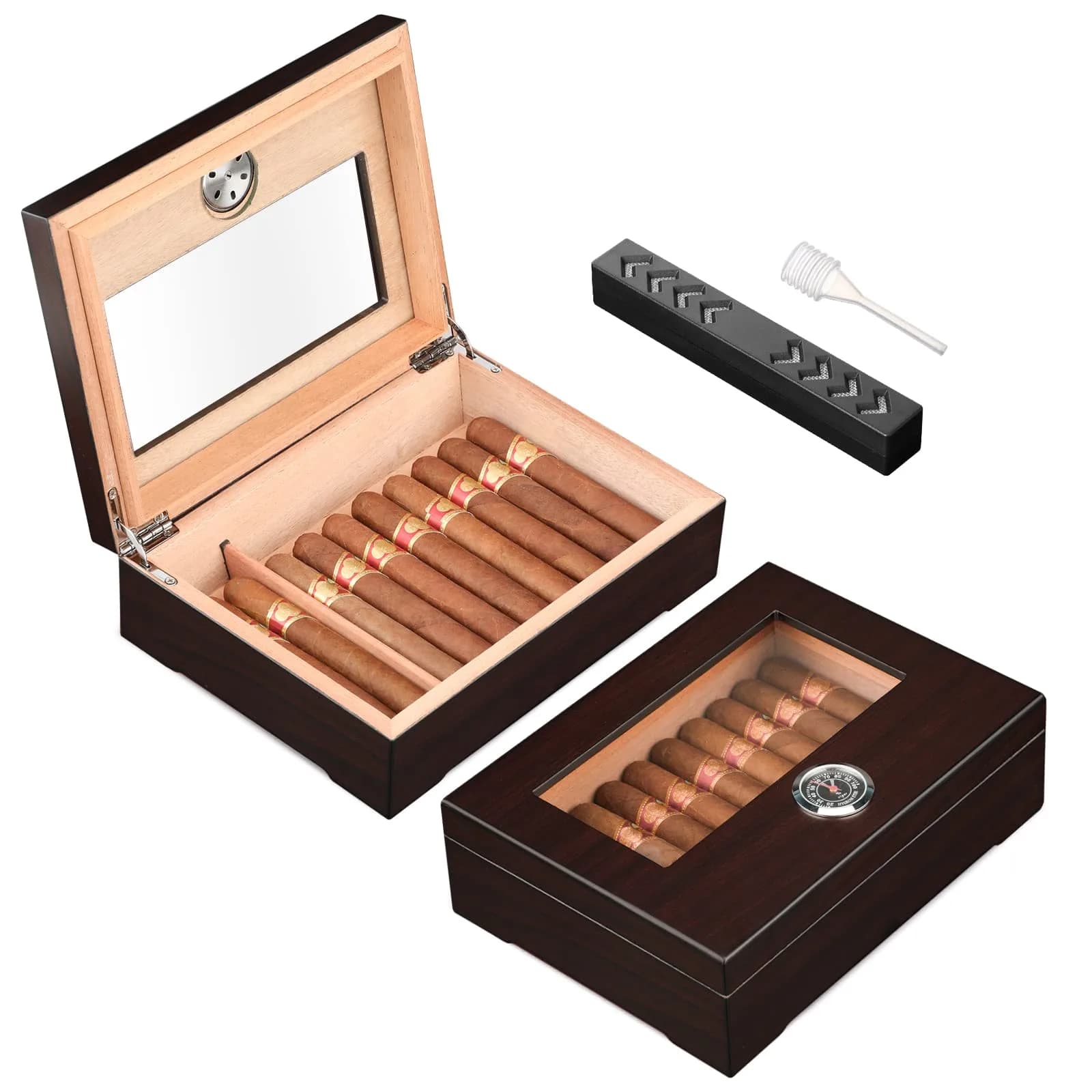 TISFA Cigar Humidor Glass Top Box with Hygrometer Humidifier Divider 25-30 Cigars | Spanish Cedar Wood Lined