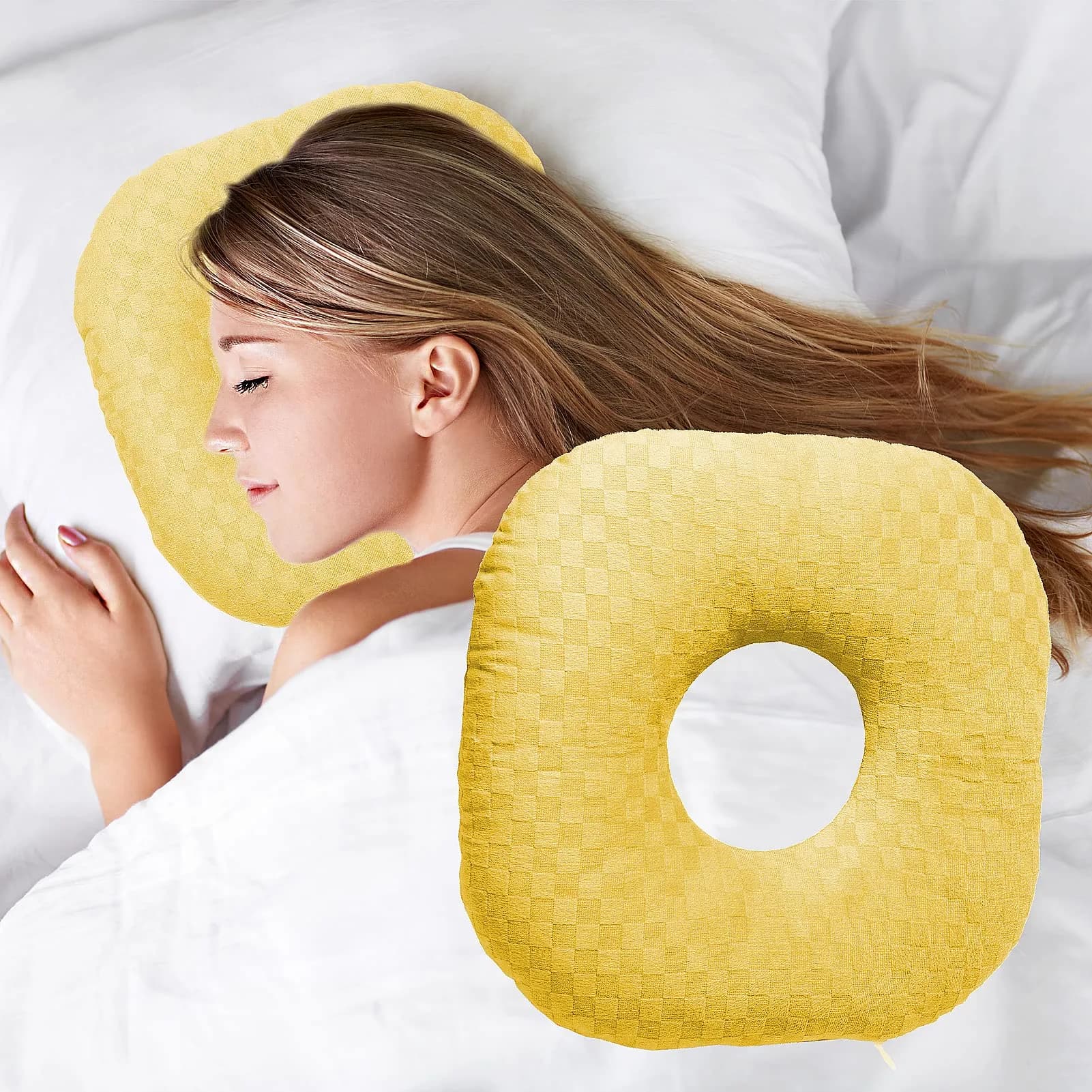Wuronsa Ear Piercing Pillow with Hole for Cartilage Piercings | Adjustable, Breathable Cotton, Relieves Ear Pain (70-120 chars) — Yellow