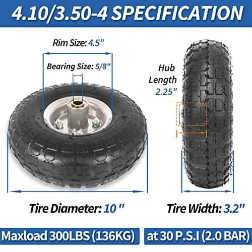 GICOOL 4.10/3.50-4" Pneumatic Tire and Wheel 10" | 2 Pack with 2.25" Offset Hub & 5/8" Axle Bore thumbnail 2