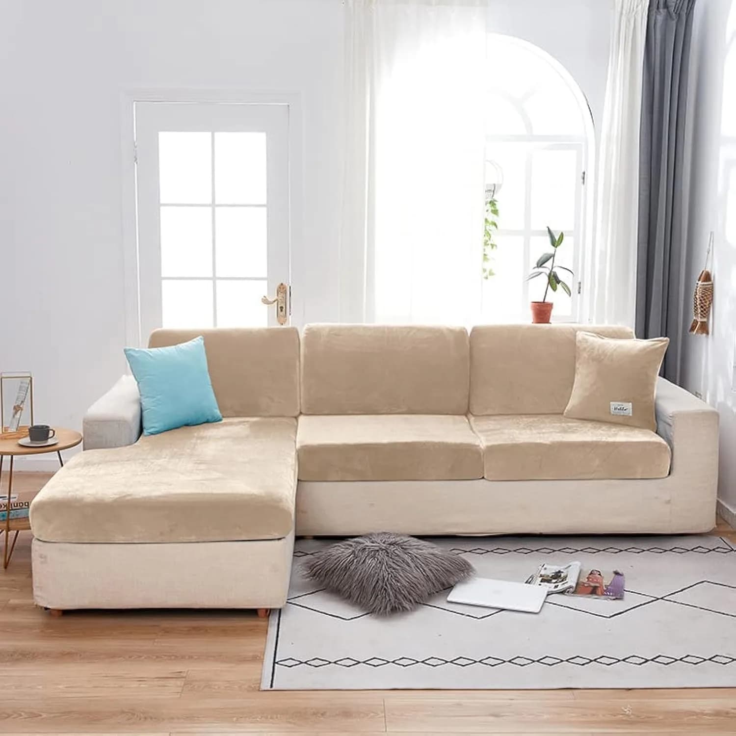 Jonuiony Dark Grey Stretch Velvet Sofa Cover for L-Shape & Sectional Couches | 1 Piece Back Cover — Grey / Single Seat