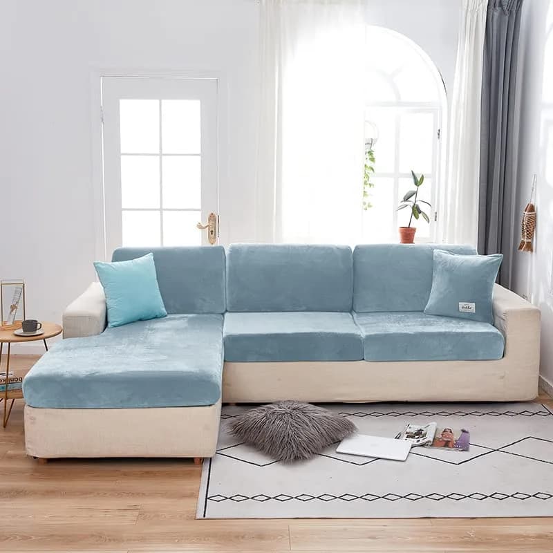 Jonuiony Dark Grey Stretch Velvet Sofa Cover for L-Shape & Sectional Couches | 1 Piece Back Cover — Light Blue / Back Cover