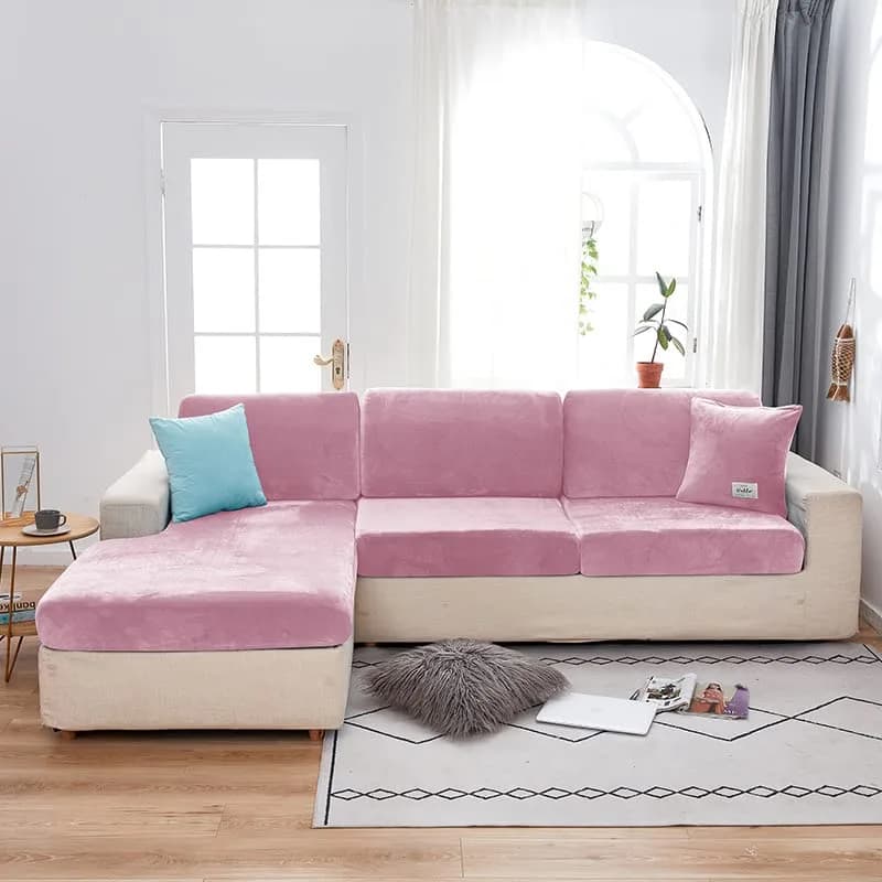 Jonuiony Wear-Resistant Universal Sofa Cover | Stretch Velvet L Shape Couch Protector (Pink) thumbnail 2