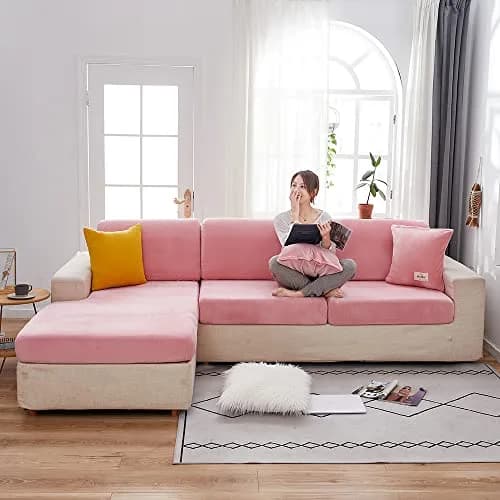 Jonuiony Wear-Resistant Universal Sofa Cover | Stretch Velvet L Shape Couch Protector (Pink) thumbnail 3