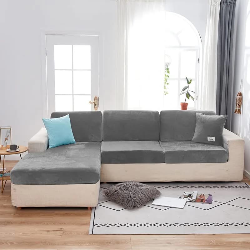 Jonuiony Dark Grey Stretch Velvet Sofa Cover for L-Shape & Sectional Couches | 1 Piece Back Cover thumbnail 2