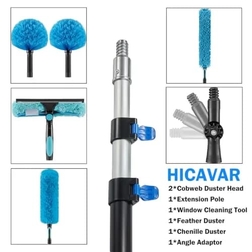 Hicavar 20 Foot High Ceiling Fan, Cobweb Duster with 5-12ft Extension Pole | Extendable, Reusable Feather, Window Cleaning Squeegee Kit thumbnail 3