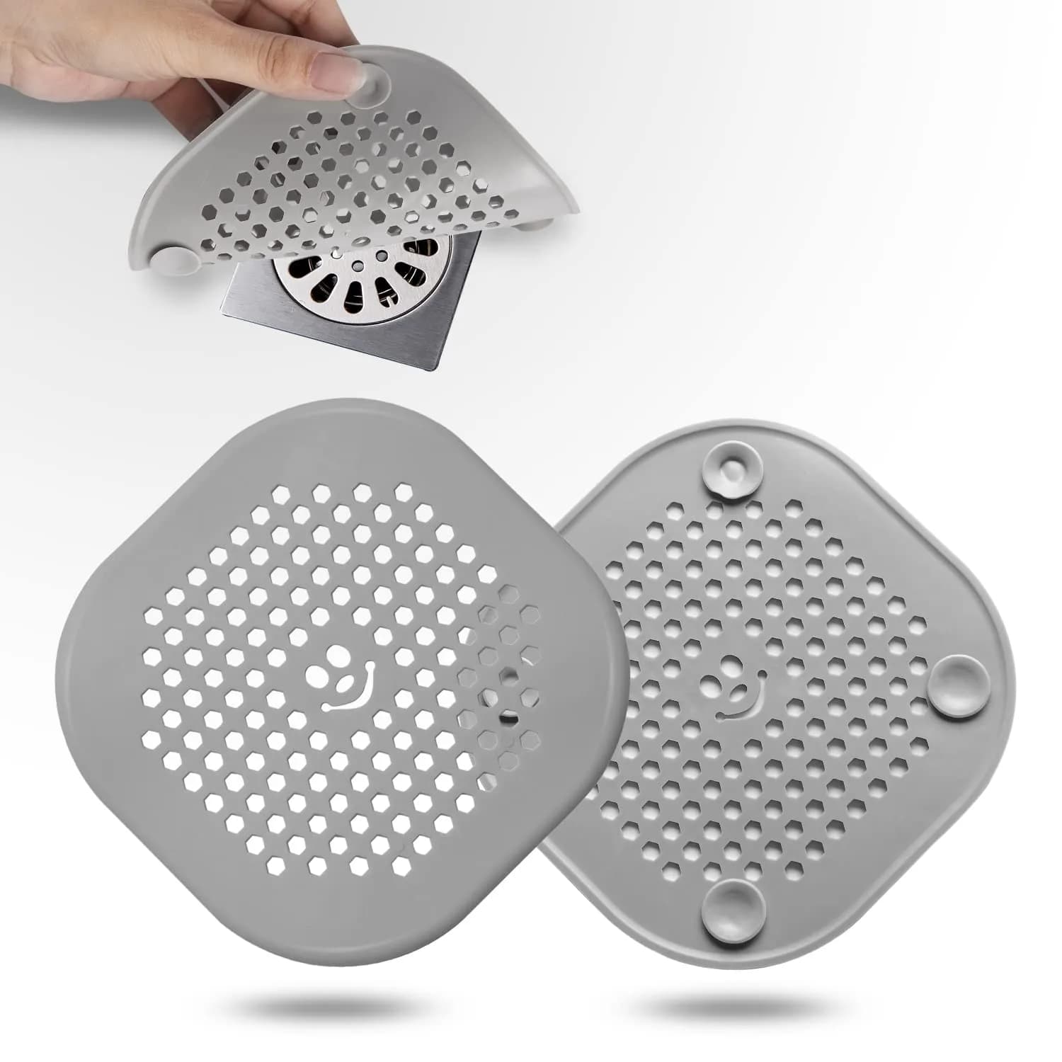 Couidl Grey Silicone Drain Hair Catcher 2 Pack (14 cm x 14 cm x 1 mm) | Prevents Clogged Drains - main product image