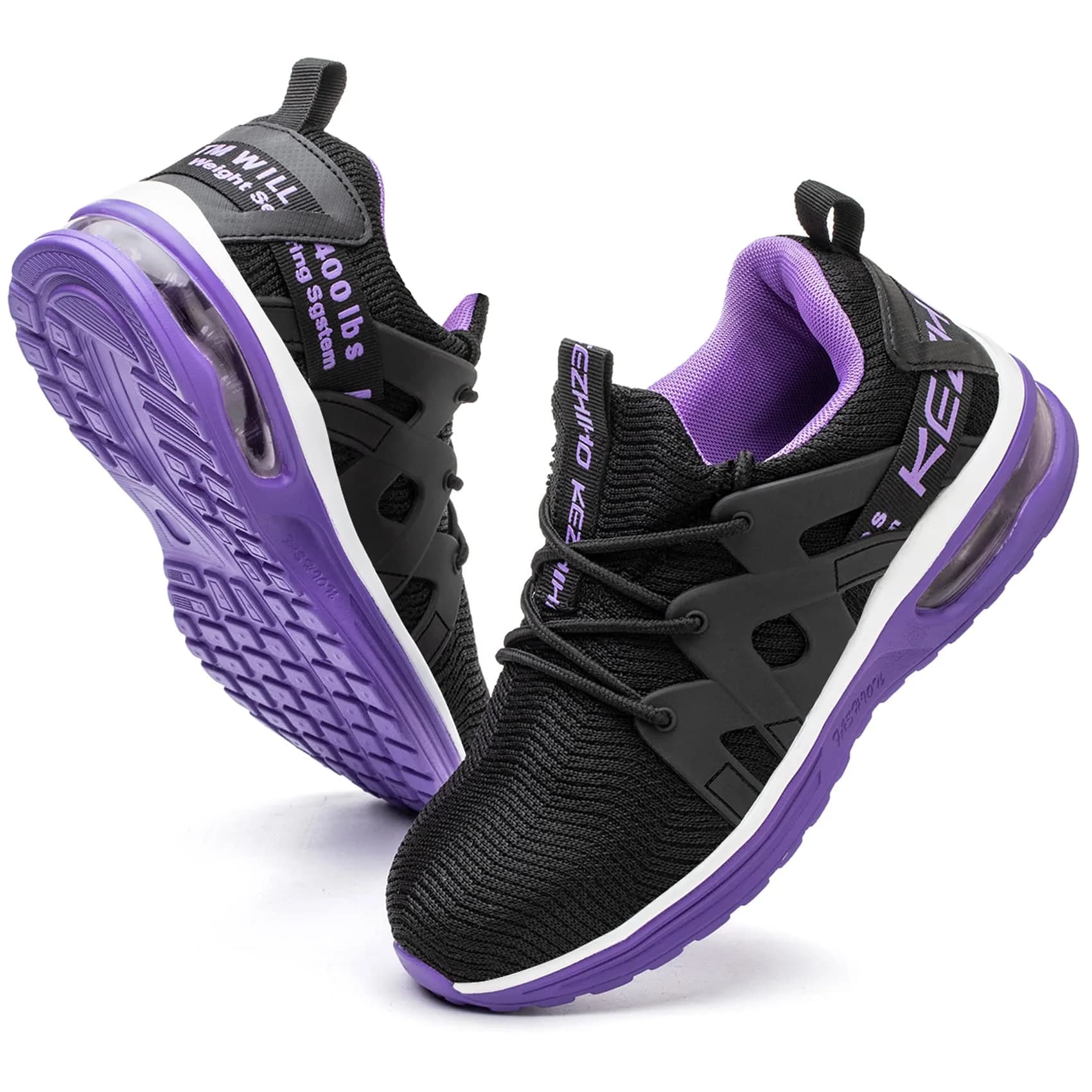 Kezhiho Women's Steel Toe Work Shoes, Air Cushion, Breathable Mesh, Size 7, Black Purple