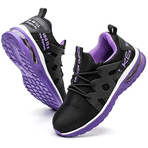 Kezhiho Women's Steel Toe Work Shoes, Air Cushion, Breathable Mesh, Size 7, Black Purple thumbnail 1