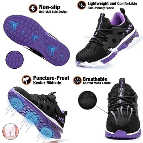 Kezhiho Women's Steel Toe Work Shoes, Air Cushion, Breathable Mesh, Size 7, Black Purple thumbnail 4