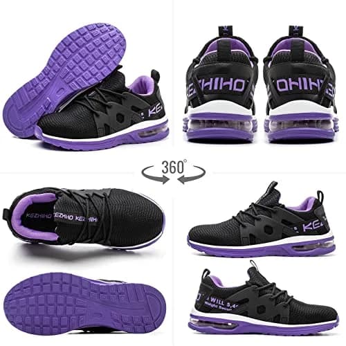 Kezhiho Women's Steel Toe Work Shoes, Air Cushion, Breathable Mesh, Size 7, Black Purple thumbnail 5
