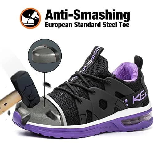 Kezhiho Women's Steel Toe Work Shoes, Air Cushion, Breathable Mesh, Size 7, Black Purple thumbnail 2