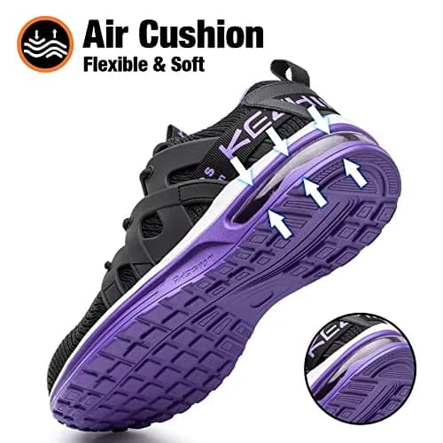 Kezhiho Women's Steel Toe Work Shoes, Air Cushion, Breathable Mesh, Size 7, Black Purple thumbnail 3