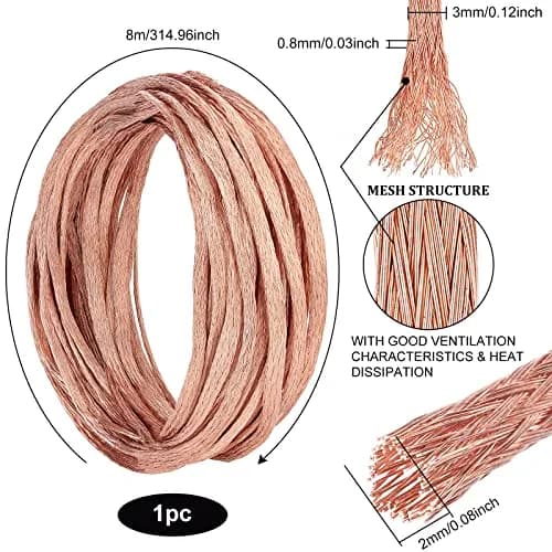 BENECREAT 3mm Flat Copper Braided Ground Strap 8m (26ft) | 1.5mm² Conductor for Noise Reduction thumbnail 2