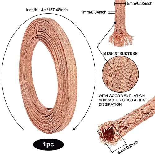 BENECREAT Flat Braided Pure Copper Wire 4m (13Ft) | 9mm Wide, 1mm Thick, 4mm² Cross-Section for Grounding & Noise Reduction thumbnail 2