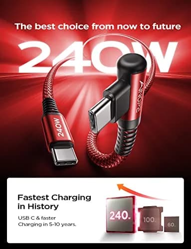 AINOPE 240W USB-C Cable 2.0m (6.6ft) Right Angle Red | Fast Charging Data Transfer thumbnail 2