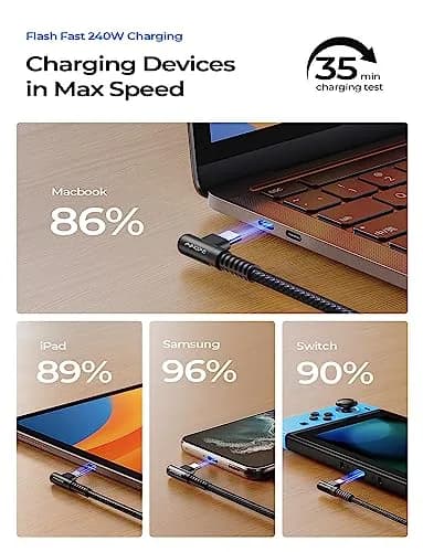 AINOPE 240W USB C to USB C Cable 2.0m (6.6ft) 2-Pack | Right Angle Fast Charging Cord for iPhone 16, MacBook Pro, Samsung thumbnail 4