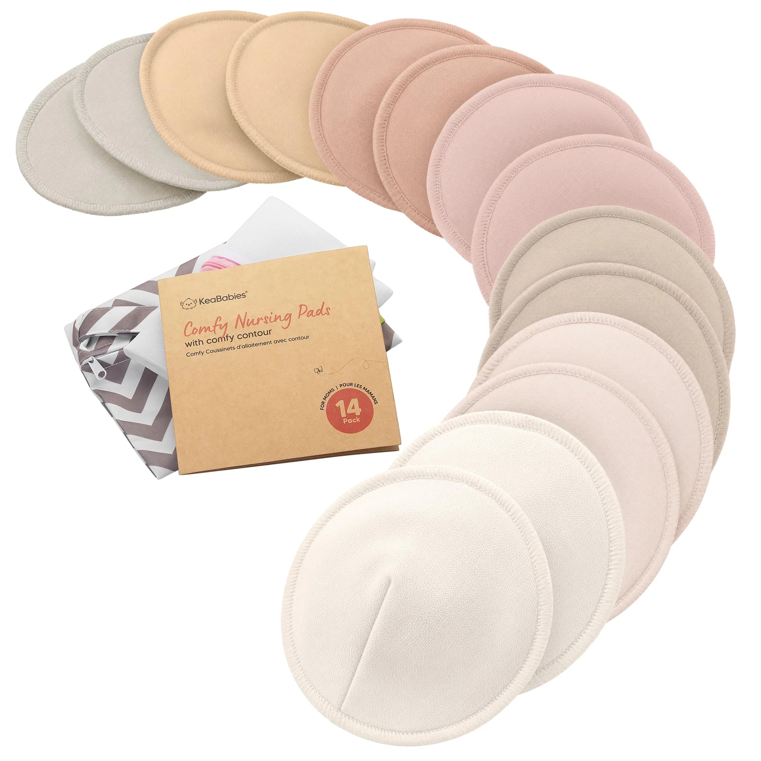 KeaBabies Organic Nursing Pads M 4.6" (14-Pack Neutrals) | 3-Layer Absorbent Bamboo Viscose