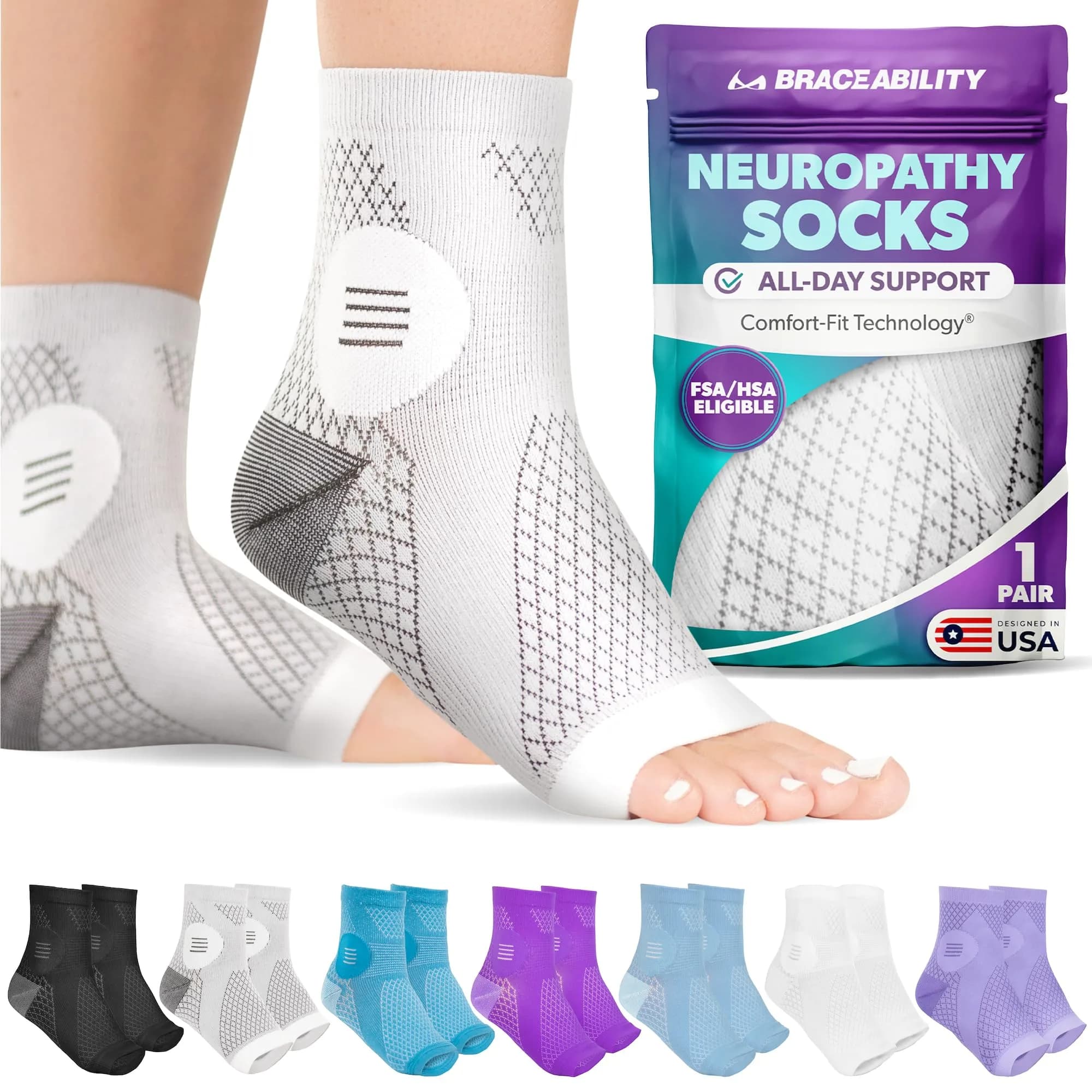BraceAbility Large Gray Neuropathy Socks - 1 Pair | Medical Compression Garment for Nerve Pain