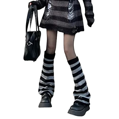 Fernvia Women's Lolita Knit Long Socks Leg Warmers Black Grey | Warm Acrylic Winter Boot Socks thumbnail 2