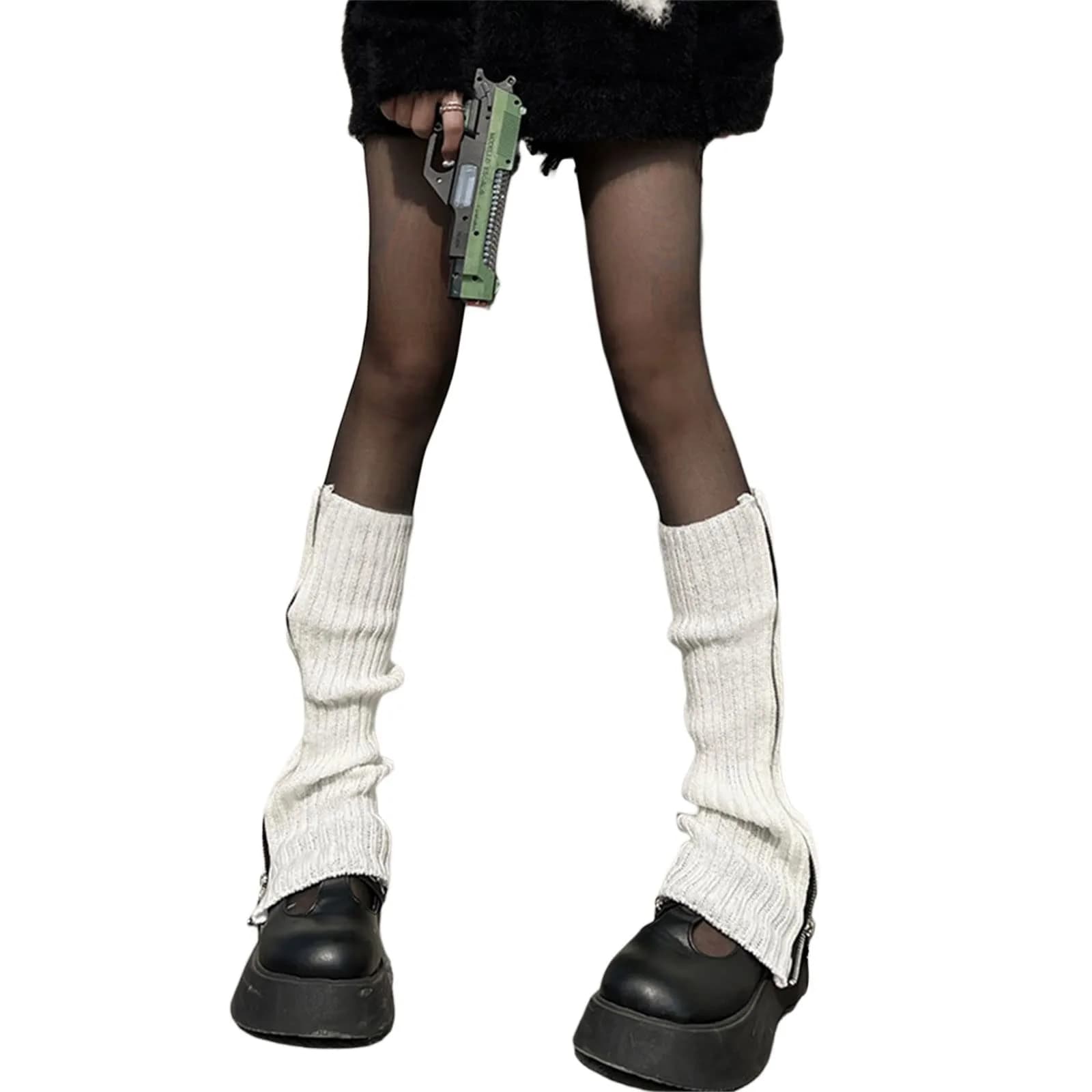 Fernvia Womens Lolita Knit Long Socks Leg Warmers White Zipper | Harajuku Japanese Kawaii Boot Socks Winter Ankle Heap Sock