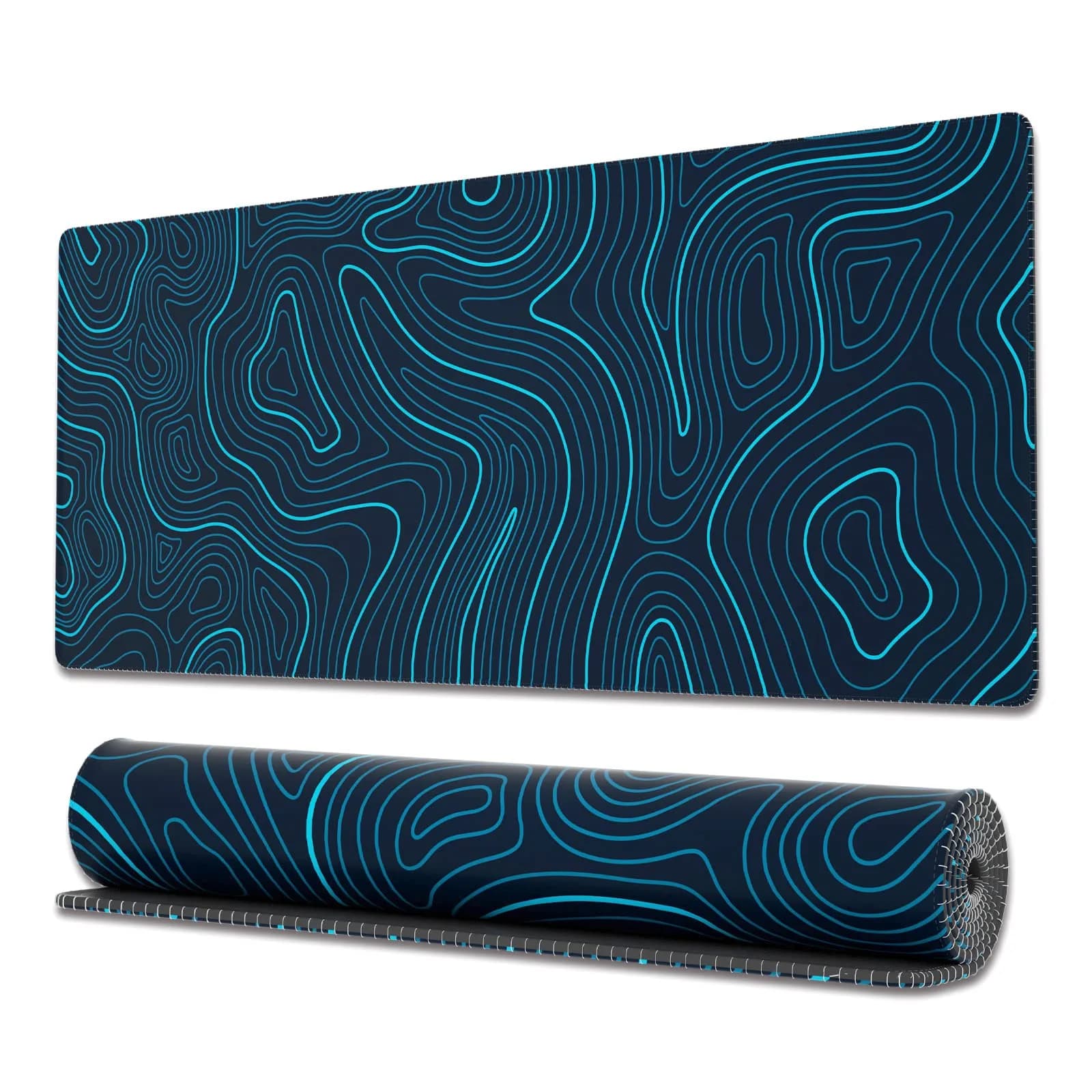 Ovenbird Large Gaming Mouse Pad with Stitched Edges | Minimalist Topographic Map Desk Mat, Extended XL, Anti-Slip Base, White — Blue Topo / Extended