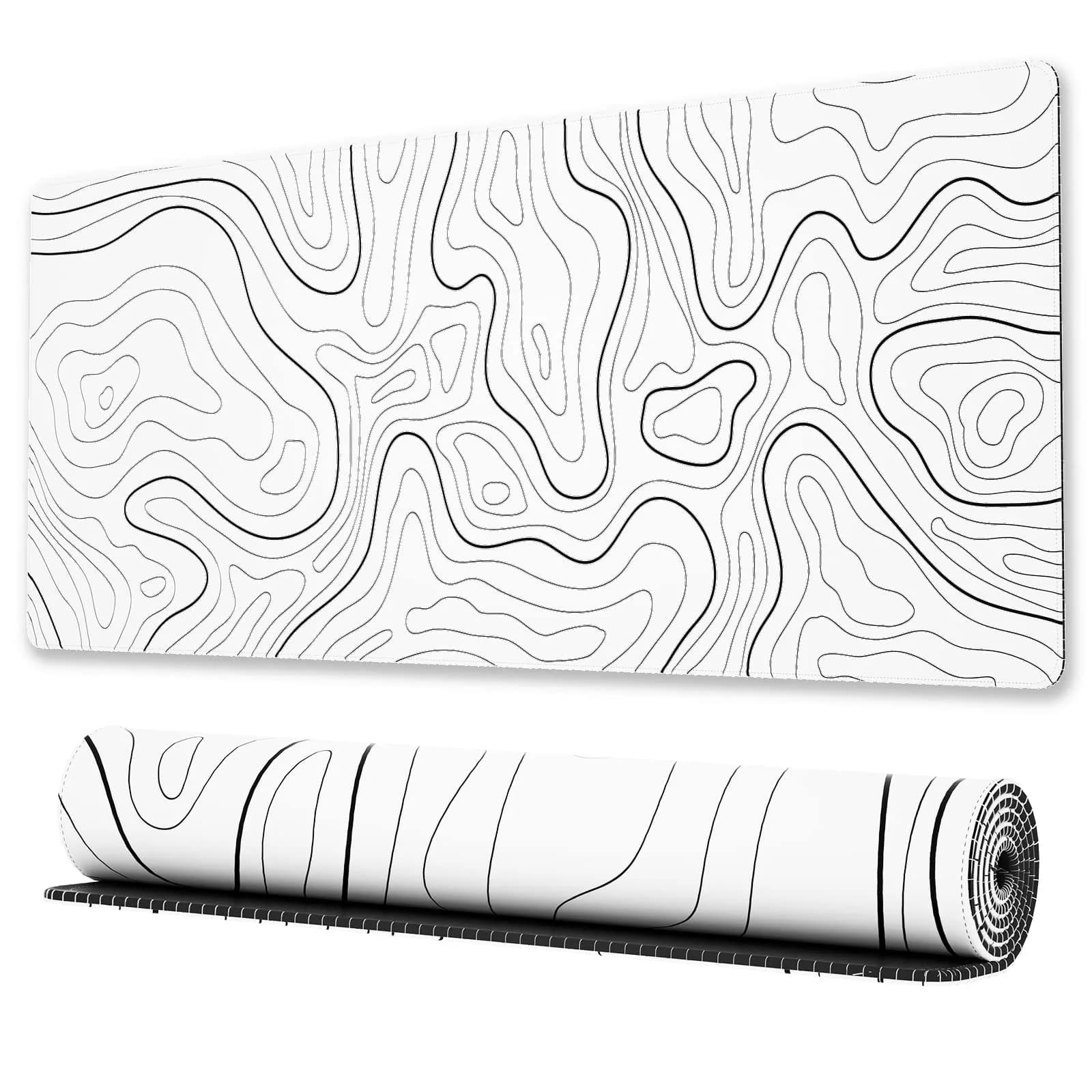 Ovenbird Large Gaming Mouse Pad with Stitched Edges | Minimalist Topographic Map Desk Mat, Extended XL, Anti-Slip Base, White - main product image