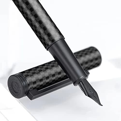 Asvine Black Carbon Fiber Fountain Pen, Bent Nib Fude Pen for Calligraphy Writing (Fine to Broad) with Converter and Metal Pen Box Set | Smooth Ink Flow thumbnail 1