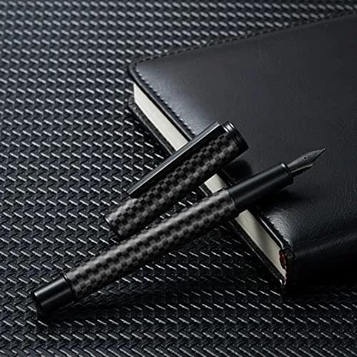 Asvine Black Carbon Fiber Fountain Pen, Bent Nib Fude Pen for Calligraphy Writing (Fine to Broad) with Converter and Metal Pen Box Set | Smooth Ink Flow thumbnail 10