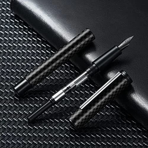Asvine Black Carbon Fiber Fountain Pen, Bent Nib Fude Pen for Calligraphy Writing (Fine to Broad) with Converter and Metal Pen Box Set | Smooth Ink Flow thumbnail 5
