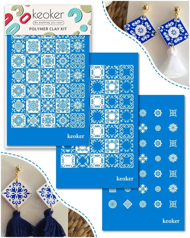 Keoker 3PCS Tile Silk Screen Stencils for Polymer Clay | Tile Pattern Polymer Clay Stencil (70-120 chars) - main product image