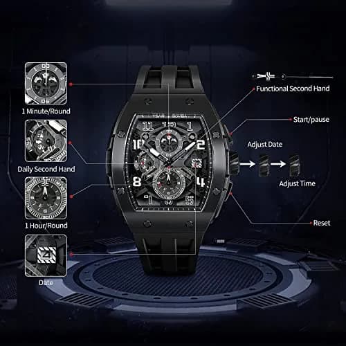 TSAR BOMBA Men's Quartz Wristwatch Waterproof 50M | Luxury Tonneau Chronograph for Men thumbnail 5