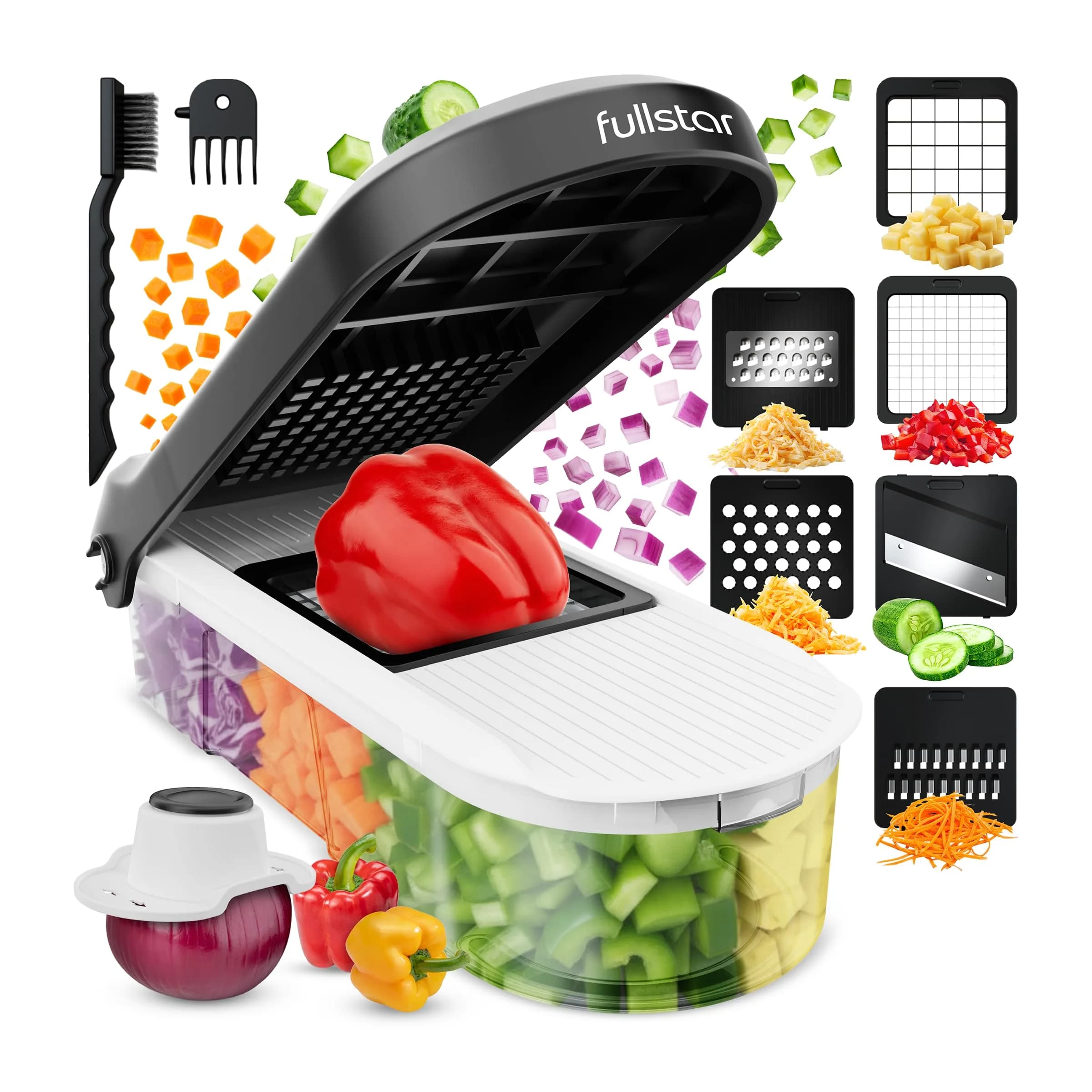 Fullstar Pro Core Vegetable Chopper & Mandoline Slicer 6-in-1 | 6 Stainless Steel Blades + Container — White/Black / 6-in-1