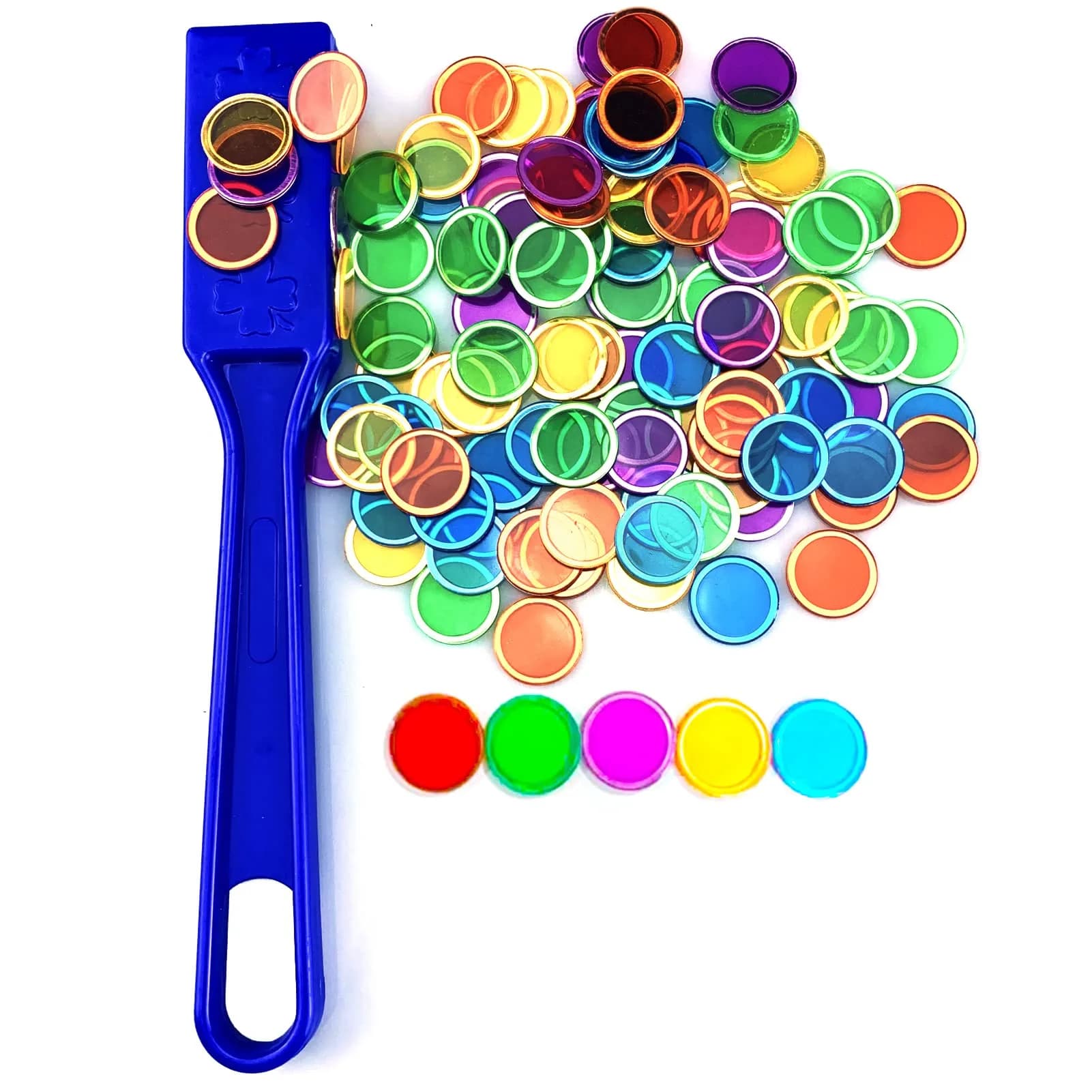 Dacefloy Magnetic Wands and Bingo Chips Set Magnet Wand 100 Multicolour Metal Ringed Discs Kids Science STEM Kit Learning Accessories Family Game Night Tokens — Blue